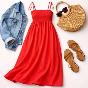 Coral Maxi Dress Smocked Top Adjustable Straps Pockets Flowy Summer XXL